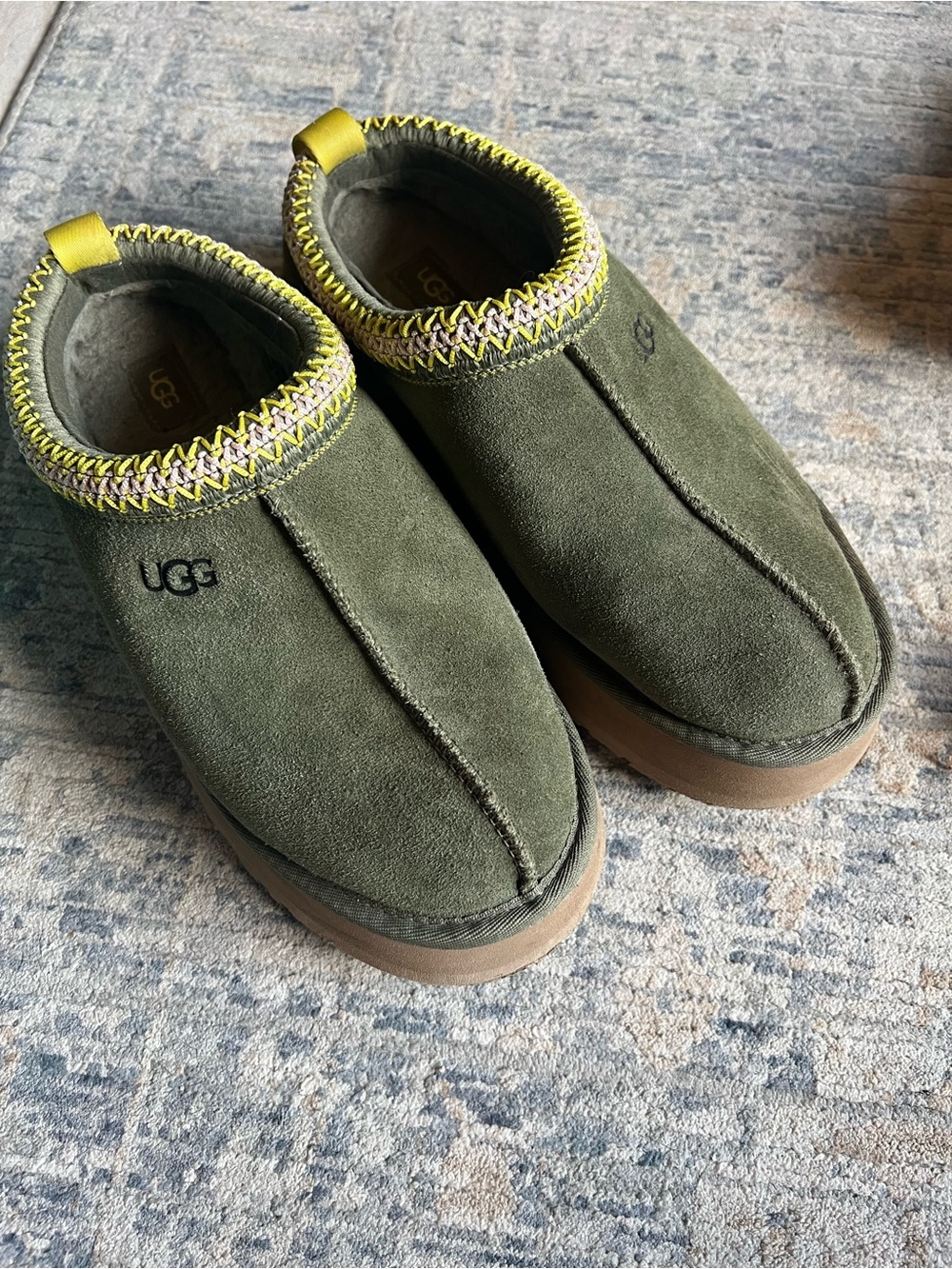 UGG Women’s Olive Suede Tazz Platform Clog with Yellow Trim